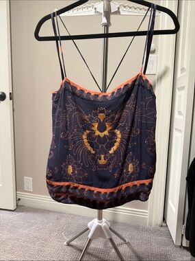 Free People Navy Floral Embroidered Cami with Orange Trim